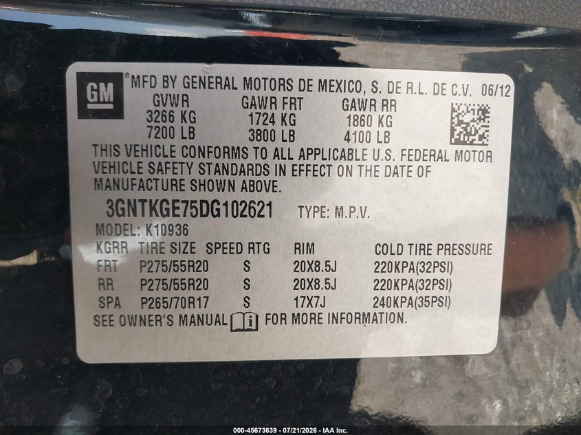 2013 Chevrolet Avalanche Ltz VIN: 3GNTKGE75DG102621 Lot: 45673639