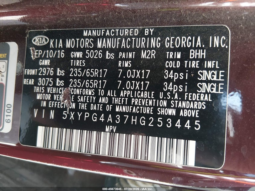 2017 Kia Sorento 2.4L Lx VIN: 5XYPG4A37HG253445 Lot: 45673645