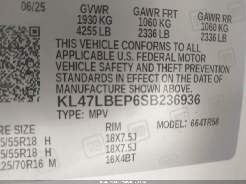 2025 Buick Envista Sport Touring Fwd VIN: KL47LBEP6SB236936 Lot: 45673664