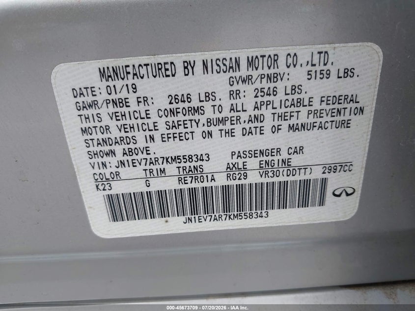 2019 Infiniti Q50 3.0T Luxe VIN: JN1EV7AR7KM558343 Lot: 45673709