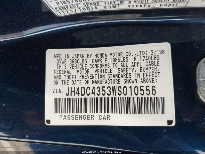 1998 Acura Integra Ls VIN: JH4DC4353WS010556 Lot: 45673731