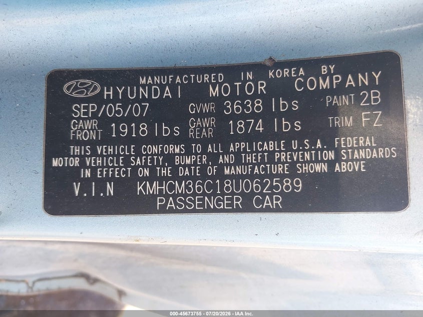 2008 Hyundai Accent Gs VIN: KMHCM36C18U062589 Lot: 45673755