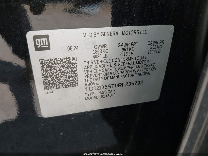 2024 Chevrolet Malibu Fwd 1Lt VIN: 1G1ZD5ST0RF235792 Lot: 45673773