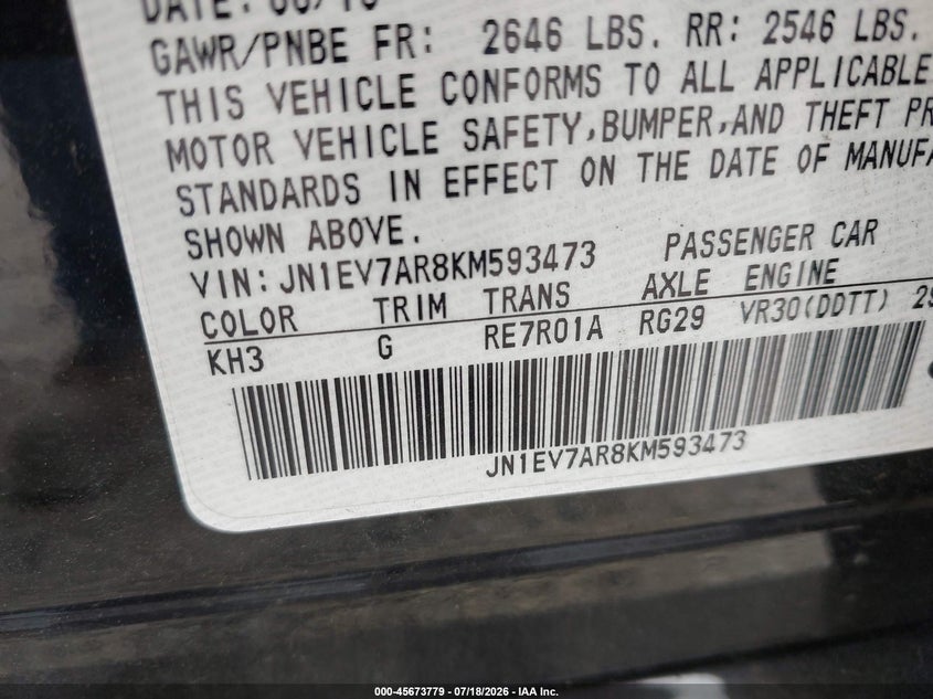 INFINITI Q50 2019 VIN JN1EV7AR8KM593473