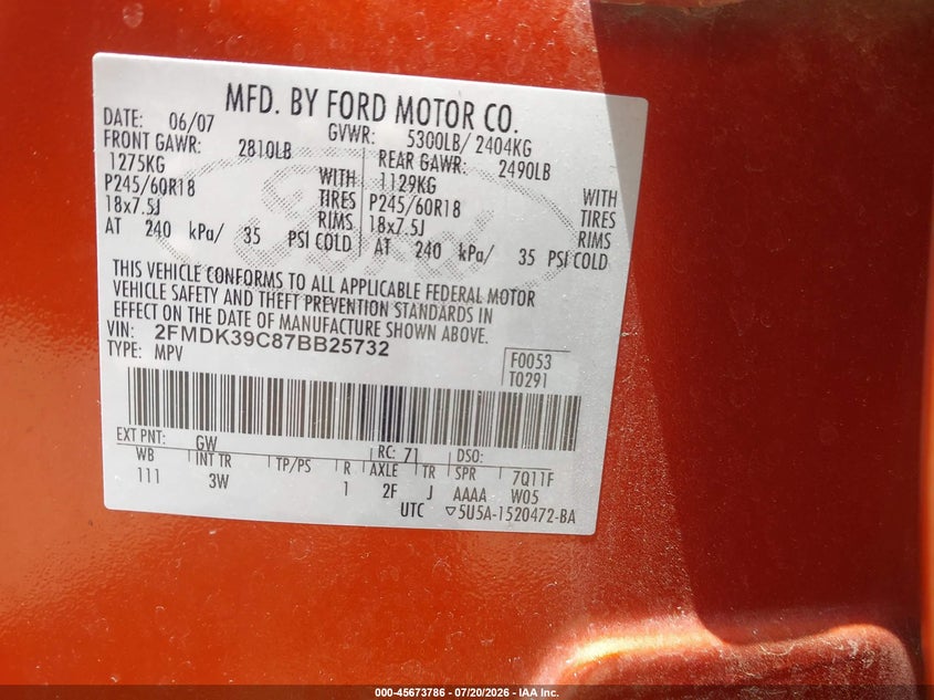 2007 Ford Edge Sel Plus VIN: 2FMDK39C87BB25732 Lot: 45673786