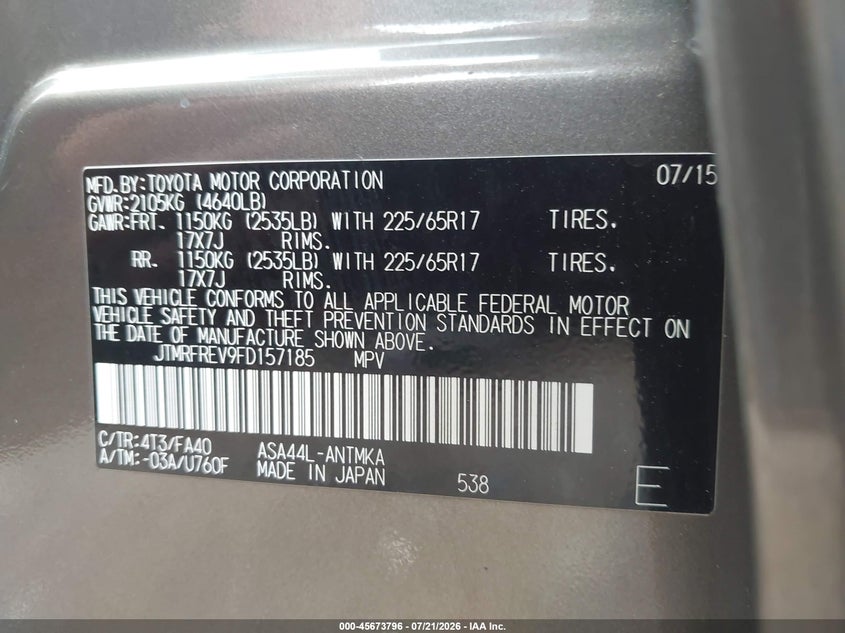 2015 Toyota Rav4 Xle VIN: JTMRFREV9FD157185 Lot: 45673796