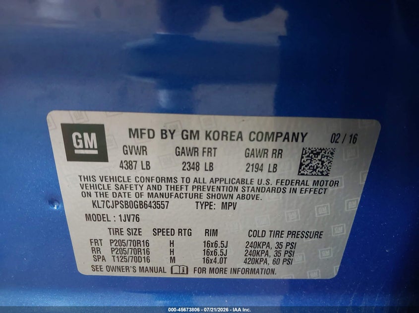 CHEVROLET TRAX 2016 VIN KL7CJPSB0GB643557