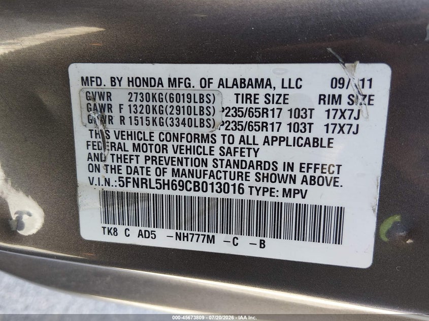2012 Honda Odyssey Ex-L VIN: 5FNRL5H69CB013016 Lot: 45673809