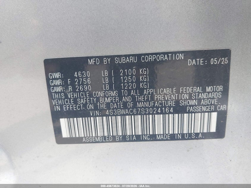 2025 Subaru Legacy Premium VIN: 4S3BWAC67S3024164 Lot: 45673824