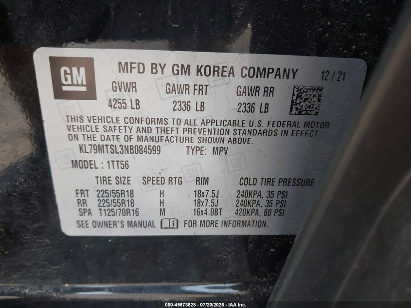 2022 Chevrolet Trailblazer Fwd Rs VIN: KL79MTSL3NB084599 Lot: 45673828