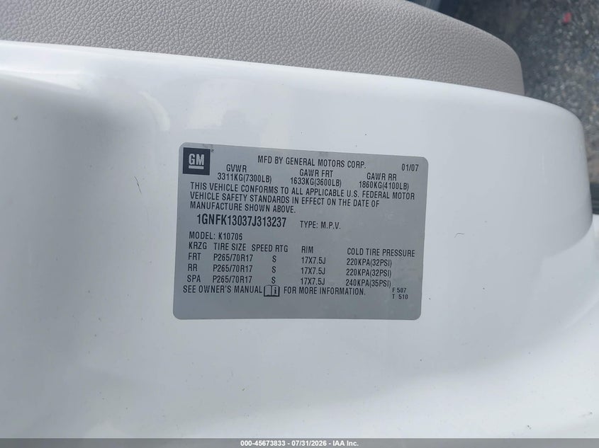 CHEVROLET TAHOE 2007 VIN 1GNFK13037J313237