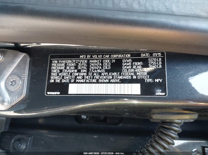 2015 Volvo Xc60 T5/T5 Premier VIN: YV4612RK7F2717836 Lot: 45673850