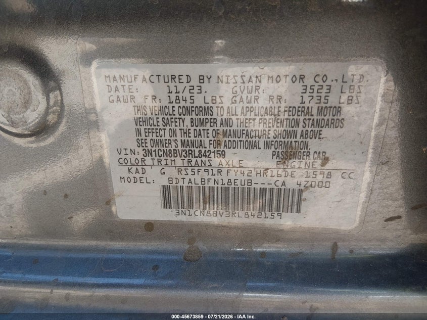 2024 Nissan Versa 1.6 S VIN: 3N1CN8BV3RL842159 Lot: 45673859