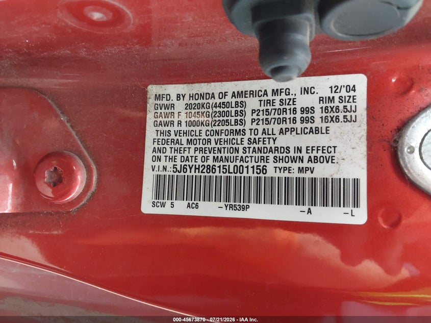 2005 Honda Element Ex VIN: 5J6YH28615L001156 Lot: 45673870