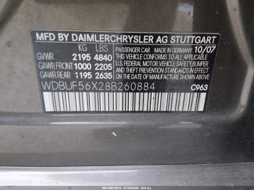 2008 Mercedes-Benz E 350 VIN: WDBUF56X28B260884 Lot: 45673875