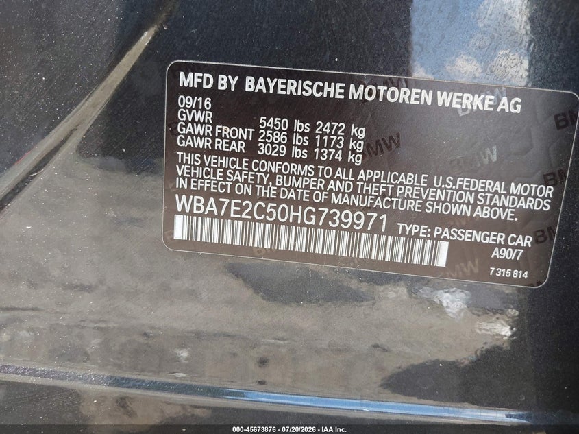 2017 BMW 740I VIN: WBA7E2C50HG739971 Lot: 45673876
