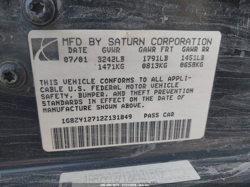 2002 Saturn S-Series Sc2 VIN: 1G8ZY12712Z131849 Lot: 45673878