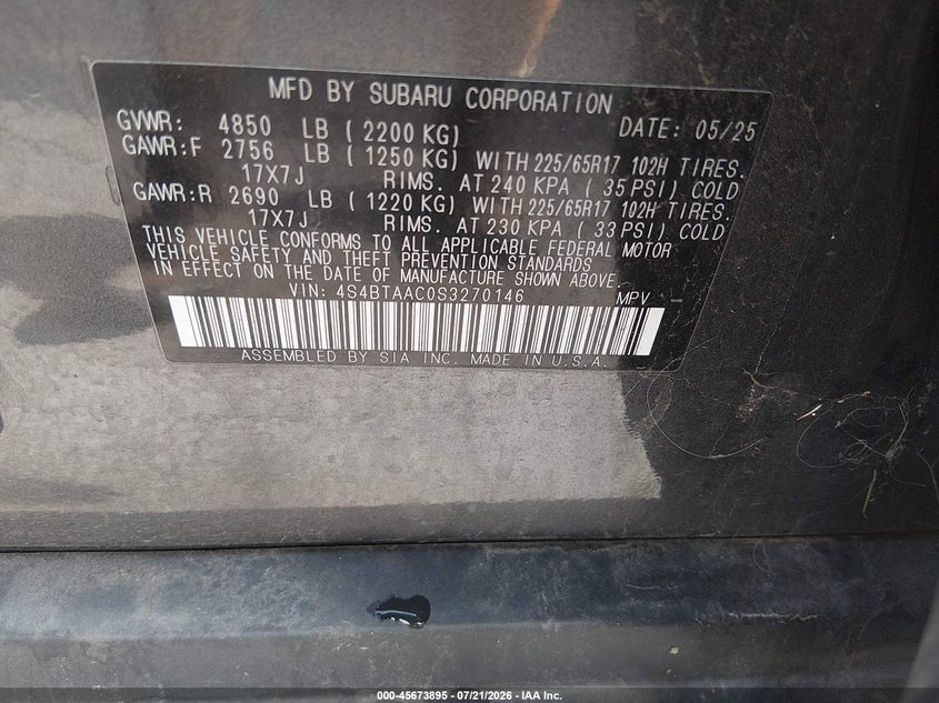 2025 Subaru Outback VIN: 4S4BTAAC0S3270146 Lot: 45673895