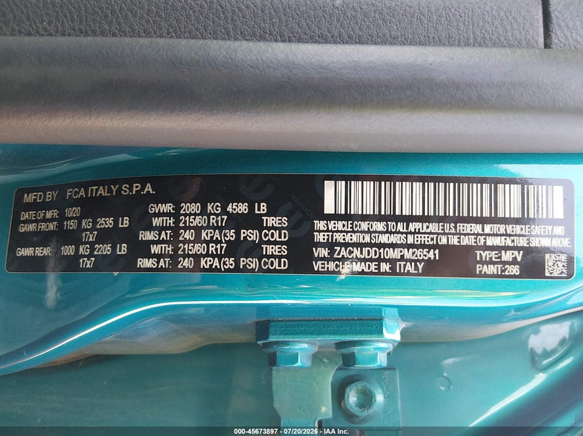 2021 Jeep Renegade Limited 4X4 VIN: ZACNJDD10MPM26541 Lot: 45673897