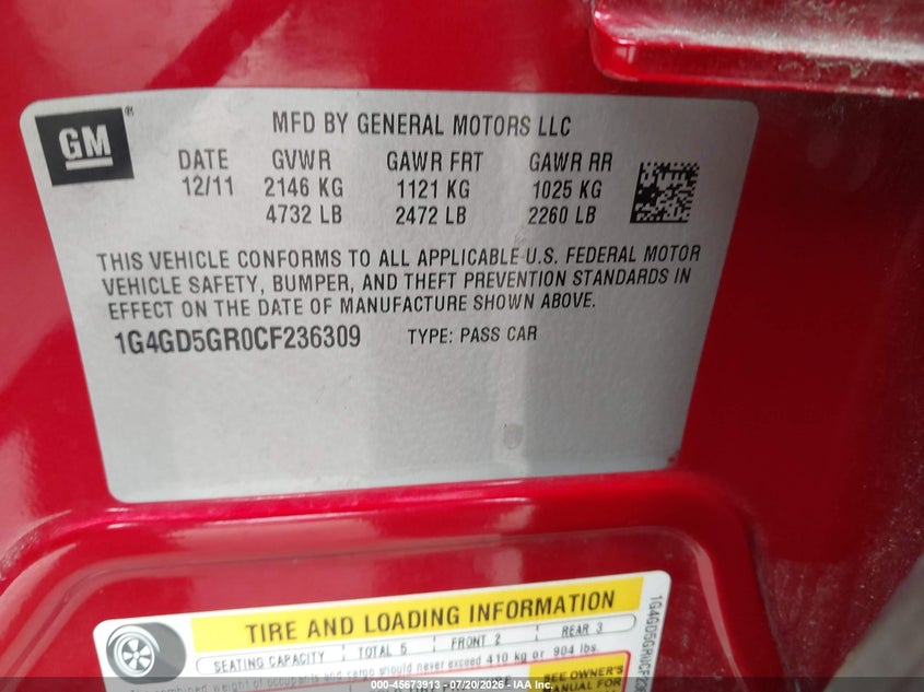 2012 Buick Lacrosse Premium 1 Group VIN: 1G4GD5GR0CF236309 Lot: 45673913