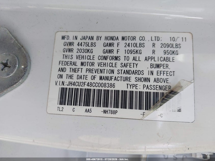 2012 Acura Tsx 2.4 VIN: JH4CU2F48CC008386 Lot: 45673915
