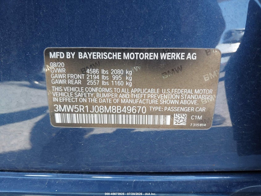 2021 BMW 330I VIN: 3MW5R1J08M8B49670 Lot: 45673925