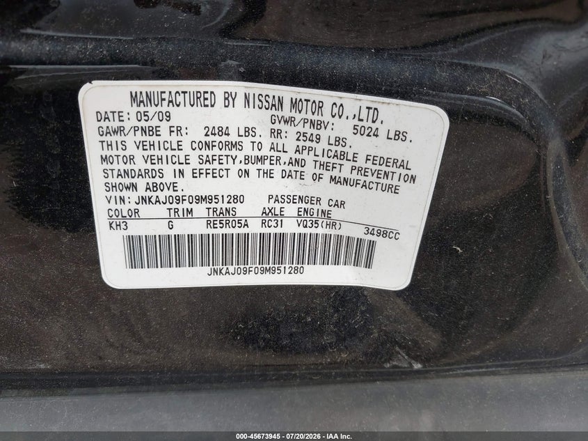 2009 Infiniti Ex35 Journey VIN: JNKAJ09F09M951280 Lot: 45673945