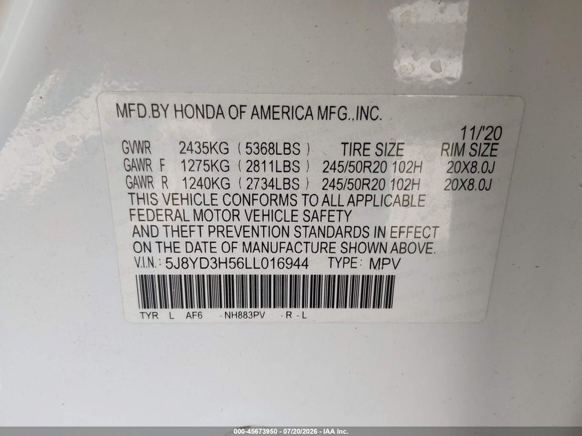 2020 Acura Mdx Technology Package VIN: 5J8YD3H56LL016944 Lot: 45673950