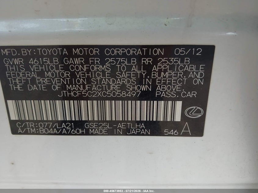 2012 Lexus Is 250 VIN: JTHCF5C2XC5058497 Lot: 45673953