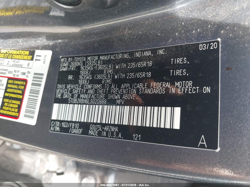 2020 Toyota Highlander Le VIN: 5TDBZRBH6LS020888 Lot: 45673961