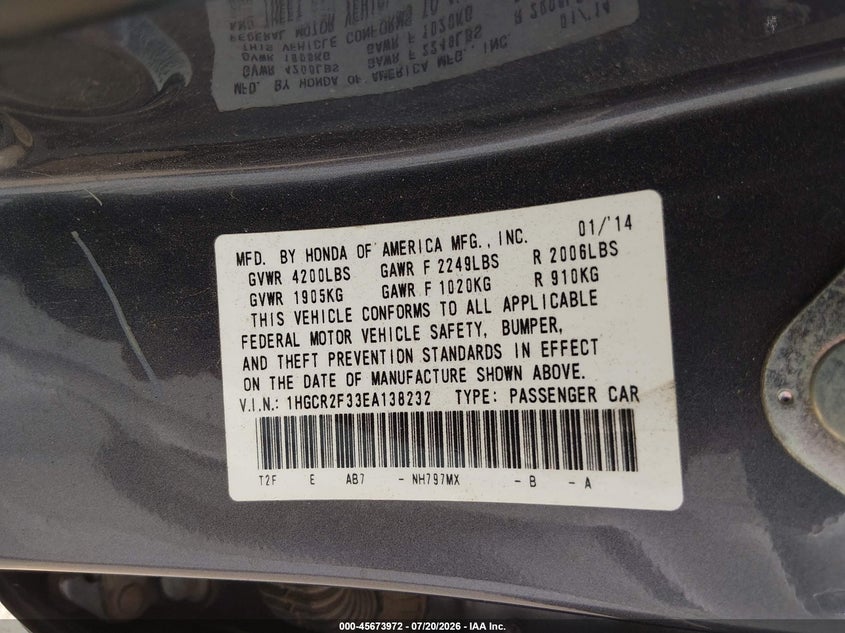 2014 Honda Accord Lx VIN: 1HGCR2F33EA138232 Lot: 45673972