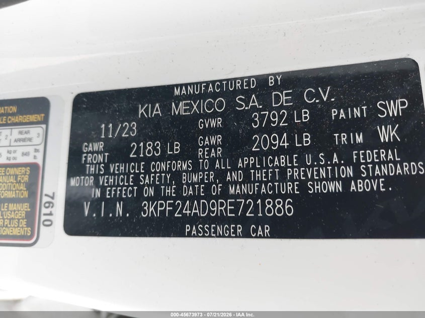2024 Kia Forte Lxs VIN: 3KPF24AD9RE721886 Lot: 45673973
