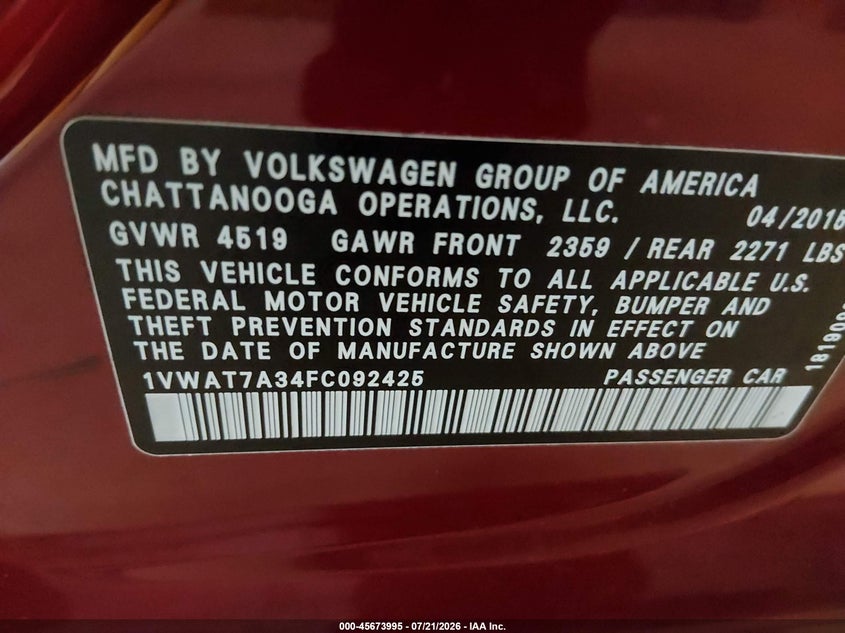 2015 Volkswagen Passat 1.8T Limited Edition VIN: 1VWAT7A34FC092425 Lot: 45673995