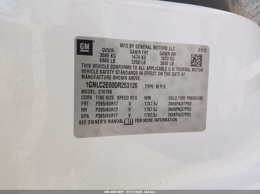 2013 Chevrolet Tahoe Commercial VIN: 1GNLC2E00DR253126 Lot: 45673997