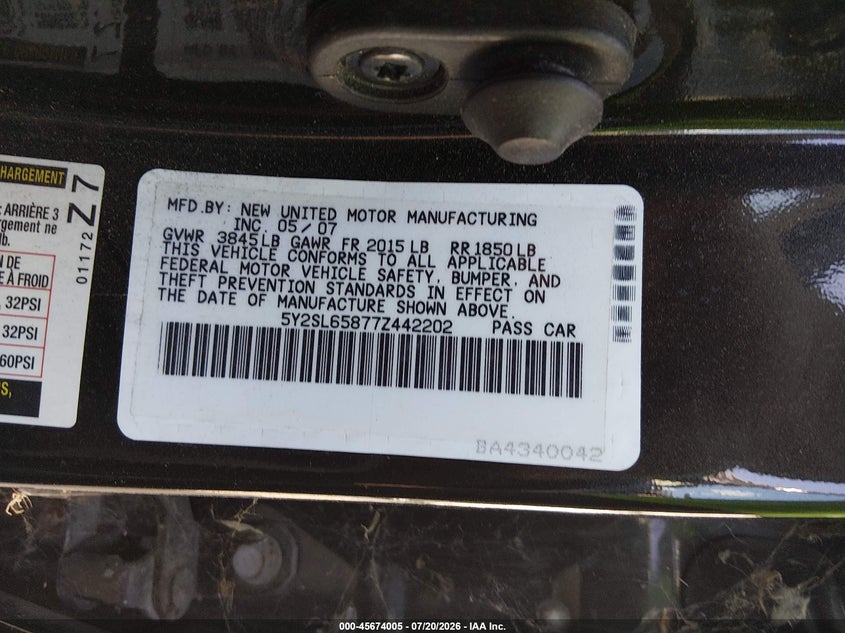 2007 Pontiac Vibe VIN: 5Y2SL65877Z442202 Lot: 45674005