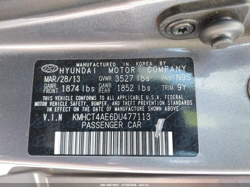 2013 Hyundai Accent Gls VIN: KMHCT4AE6DU477113 Lot: 45674007