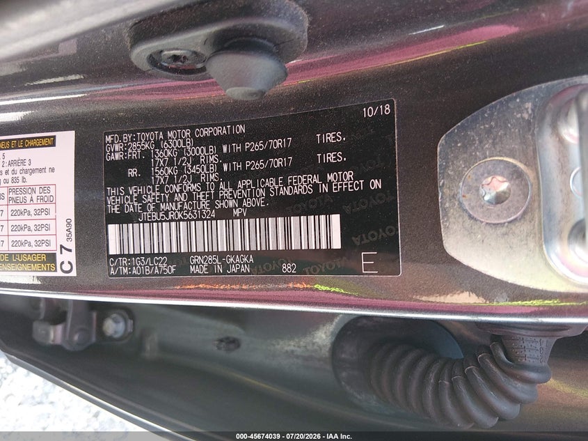 2019 Toyota 4Runner Trd Off Road Premium VIN: JTEBU5JR0K5631324 Lot: 45674039