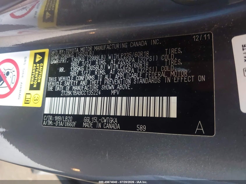 2012 Lexus Rx 350 VIN: 2T2BK1BA9CC135224 Lot: 45674040
