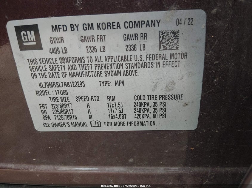 CHEVROLET TRAILBLAZER 2022 VIN KL79MRSL7NB123293