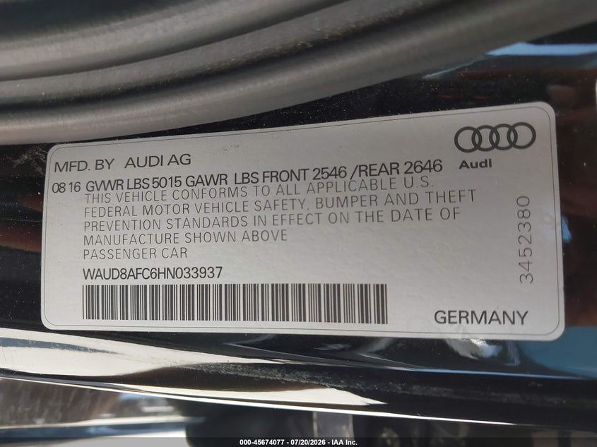 2017 Audi A6 Premium Plus VIN: WAUD8AFC6HN033937 Lot: 45674077