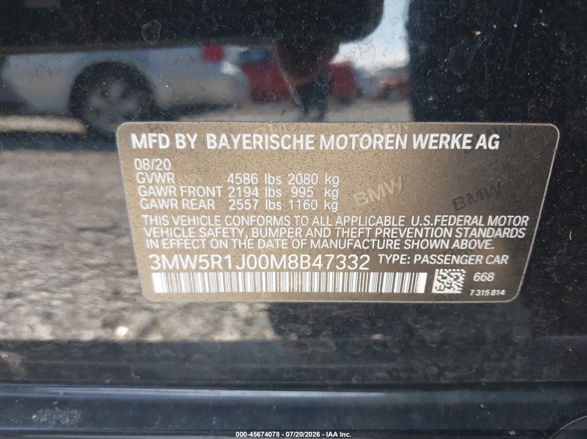 2021 BMW 330I VIN: 3MW5R1J00M8B47332 Lot: 45674078