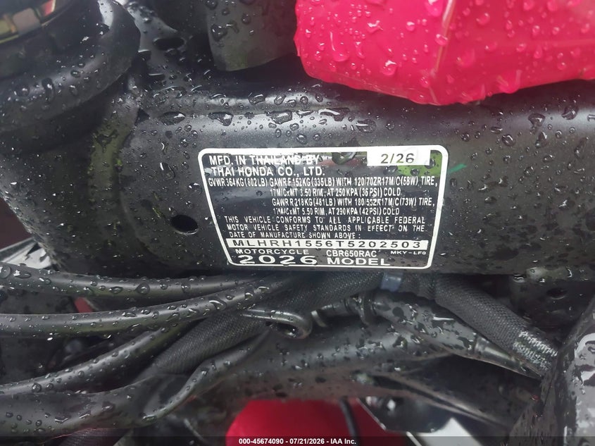 2026 Honda Cbr650 R VIN: MLHRH1556T5202503 Lot: 45674090
