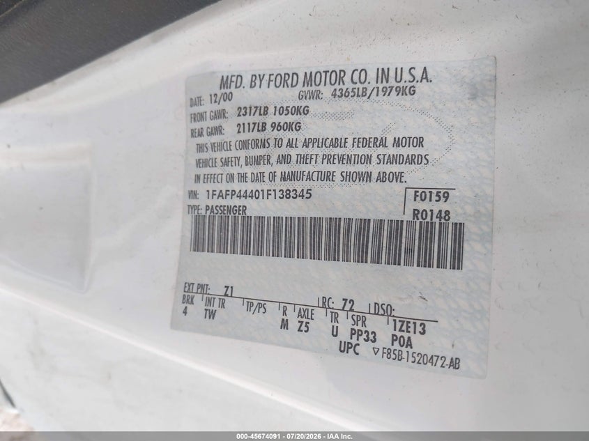 2001 Ford Mustang VIN: 1FAFP44401F138345 Lot: 45674091