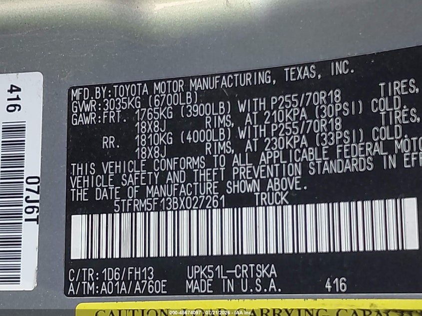 2011 Toyota Tundra Grade 4.6L V8 VIN: 5TFRM5F13BX027261 Lot: 45674097