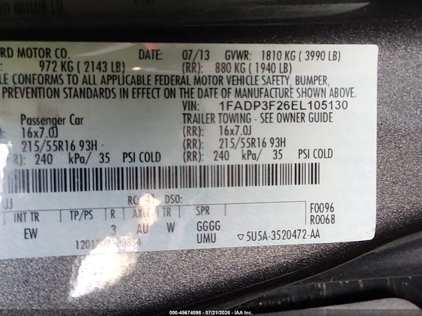 2014 Ford Focus Se VIN: 1FADP3F26EL105130 Lot: 45674098