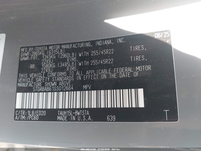 2025 Lexus Tx 500H F Sport Premium VIN: 5TDABAB61SS012664 Lot: 45674109