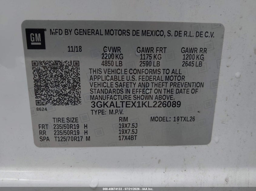2019 GMC Terrain Sle VIN: 3GKALTEX1KL226089 Lot: 45674133