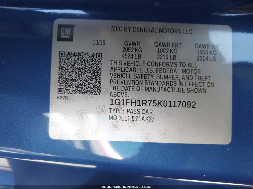 2019 Chevrolet Camaro 2Ss VIN: 1G1FH1R75K0117092 Lot: 45674134