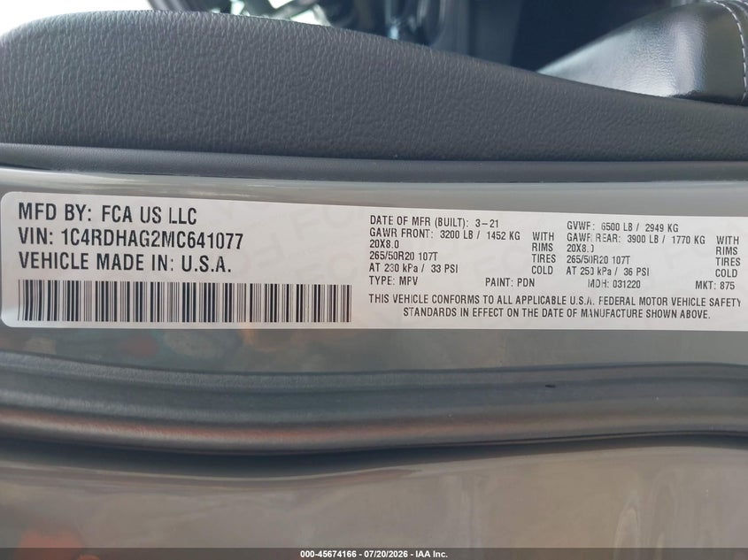 2021 Dodge Durango Sxt Plus Rwd VIN: 1C4RDHAG2MC641077 Lot: 45674166