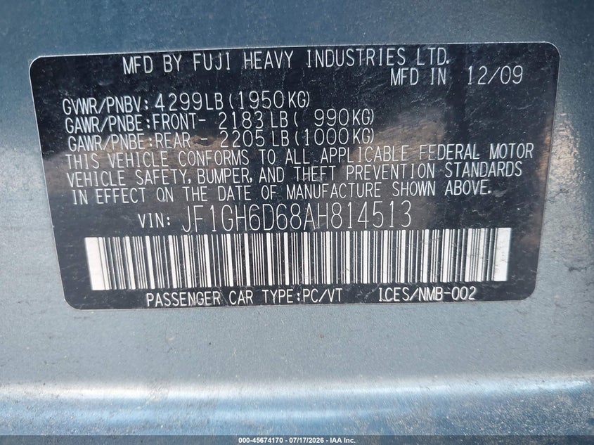 2010 Subaru Impreza Outback Sport VIN: JF1GH6D68AH814513 Lot: 45674170